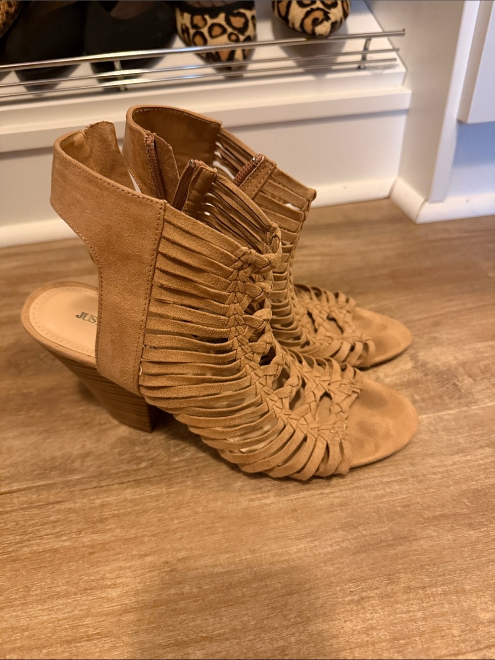 JustFab Tan Woven Block Heel Sandals